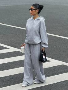 Muchica 33% Cotton Women's Casual Loose Hoodie And Sweatpants Set, Sweatshirt Set - Light Grey - View 3