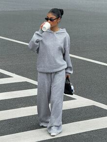 Muchica 33% Cotton Women's Casual Loose Hoodie And Sweatpants Set, Sweatshirt Set - Light Grey - View 4