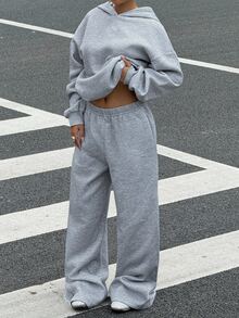 Muchica 33% Cotton Women's Casual Loose Hoodie And Sweatpants Set, Sweatshirt Set - Light Grey - View 7