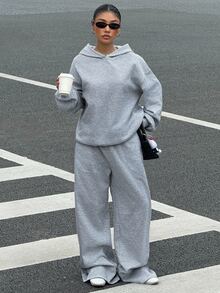 Muchica 33% Cotton Women's Casual Loose Hoodie And Sweatpants Set, Sweatshirt Set - Light Grey - View 5