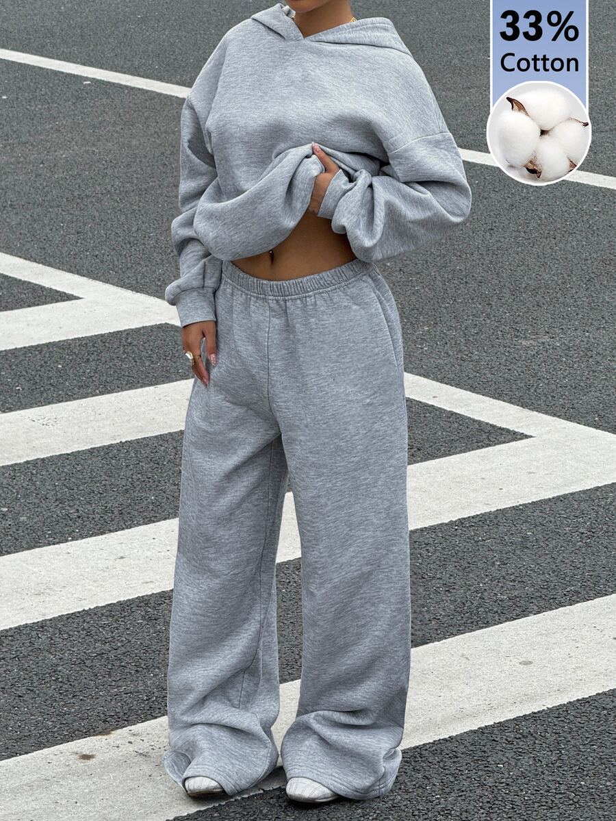 Muchica 33% Cotton Women's Casual Loose Hoodie And Sweatpants Set, Sweatshirt Set - Light Grey - View 1