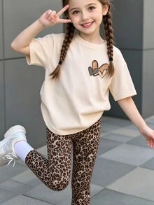 SHEIN (1 Set)Young Girls Fall Heart Print Short Sleeve T-Shirt And Leopard Leggings Summer Daily Sports Outfit Leisure Fresh Fashionable - Multicolor - View 1