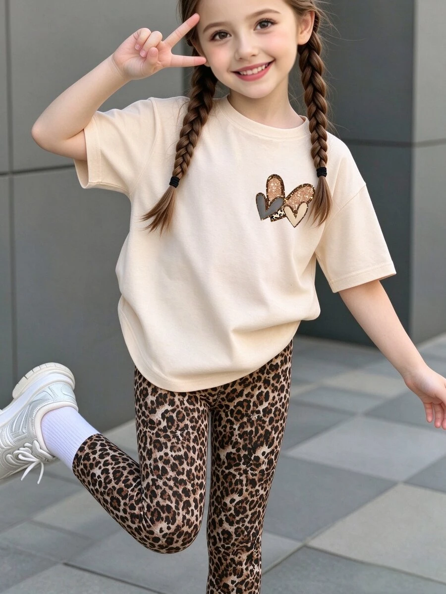 SHEIN (1 Set)Young Girls Fall Heart Print Short Sleeve T-Shirt And Leopard Leggings Summer Daily Sports Outfit Leisure Fresh Fashionable - Multicolor - View 1