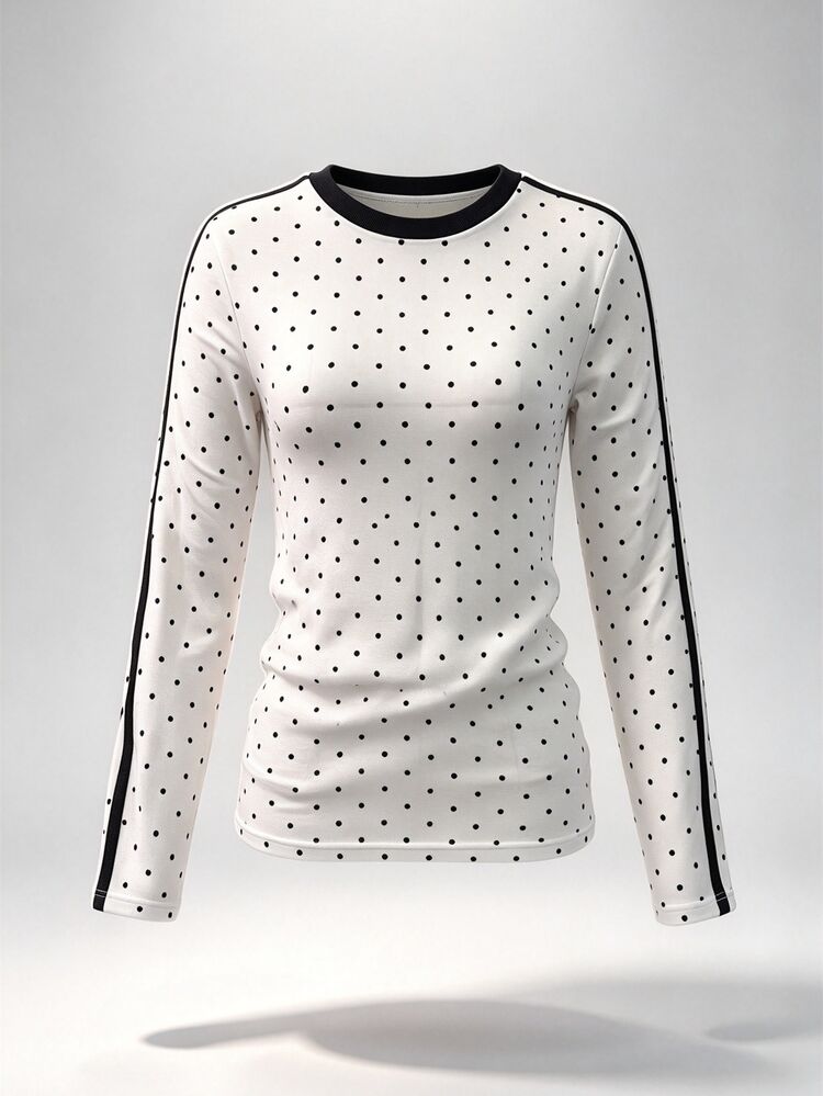 SHEIN Reset Phase Teen Girls White Polka Dot Long Sleeve Slim Fit Crew Neck T-Shirt, Top, Undershirt, Side Stripe Design Sleeves, Fall, Holiday Formal Graduation - White - View 4