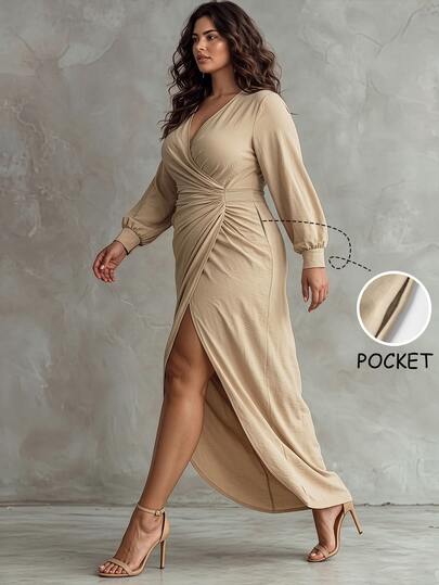 Linhara Plus Size Women's Elegant Fashion Casual Daily Long Dress, V-Neck Cross Front, Real Pockets, Long Sleeve, Khaki Color, Slit, Autumn/Winter Casual Daily Long Dress