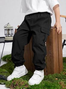 SHEIN Kids Tween Boy Pocket 3D Loose Cargo Pants Suitable For Commuting, School, Daily Casual, Vacation, Travel, Sports, Spring, Summer, Autumn, Winter - Black - View 3