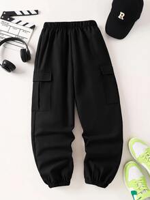 SHEIN Kids Tween Boy Pocket 3D Loose Cargo Pants Suitable For Commuting, School, Daily Casual, Vacation, Travel, Sports, Spring, Summer, Autumn, Winter - Black - View 1