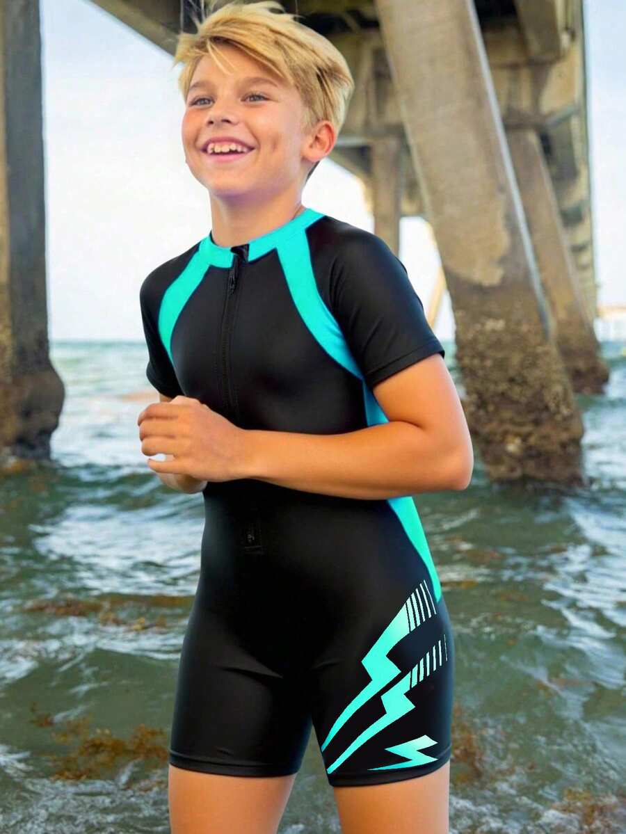 SHEIN Tween Boy Casual Sports Graphic One-Piece Swimsuit For Beach, Swimming, Surfing - Blue - View 1