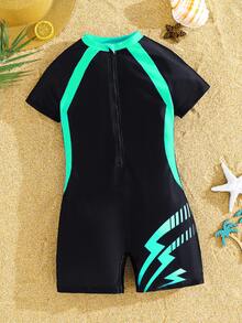 SHEIN Tween Boy Casual Sports Graphic One-Piece Swimsuit For Beach, Swimming, Surfing - Blue - View 6
