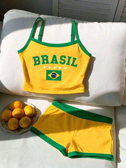 SHEIN Tween Girls Camisole Tank Top And Drawstring Shorts Set, 1938 Brazil Flag Yellow And Green Digital Print, Suitable For Summer, Girls Camisole, Suitable For Spring And Summer, Easy And Comfortable, Family Outing Season, Simple Casual Wear, Comfortable And Easy To Wear, Easy Sports, Daily Children's Fashion
