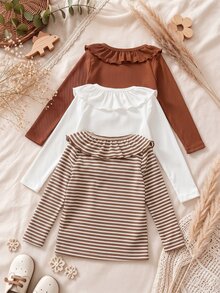 SHEIN (فتاة صغيرة) طقم من 3 قطع أنيق بياقة مكشكشة مضلعة + تي شيرت كلاسيكي بأكمام طويلة باللون الأبيض والبني، مريح وكاجوال للمدرسة والأنشطة الخارجية - متعدد الألوان - مشاهدة 3
