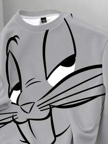 LOONEY TUNES X SHEIN Daypath كنزة رجالية بطبعة كرتونية بياقة دائرية وأكمام طويلة فضفاضة كاجوال - رمادي - مشاهدة 3