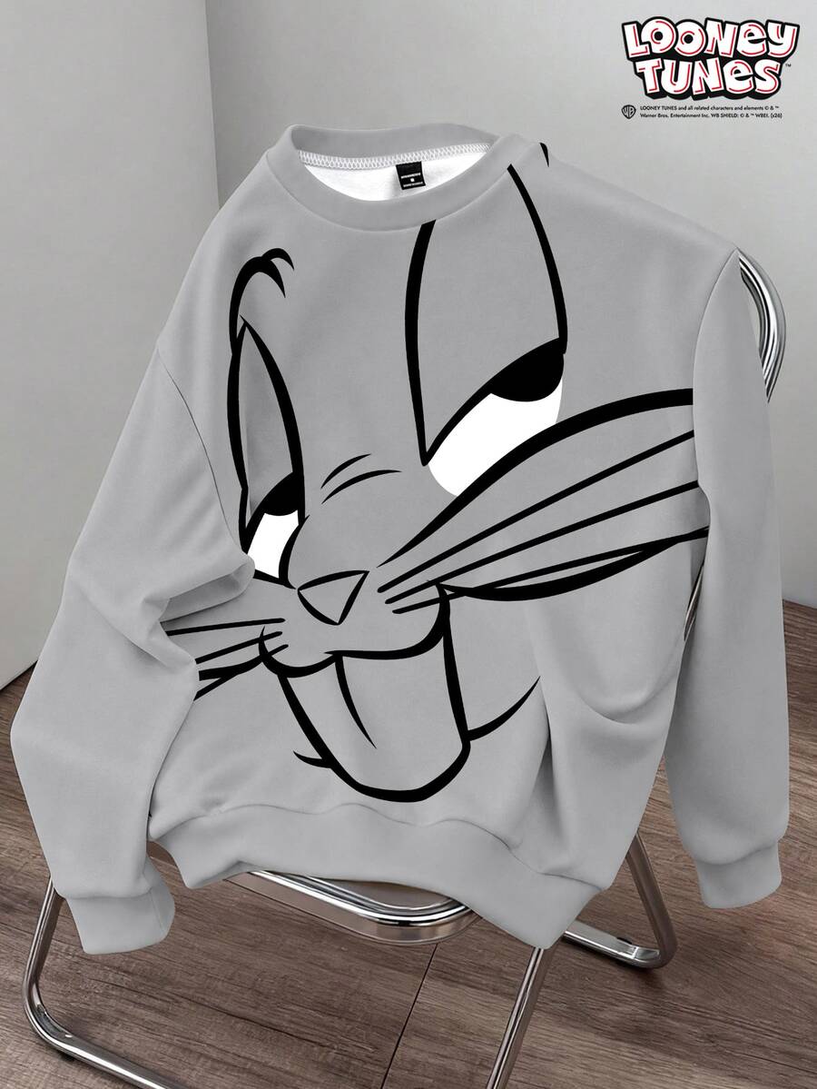 LOONEY TUNES X SHEIN Daypath كنزة رجالية بطبعة كرتونية بياقة دائرية وأكمام طويلة فضفاضة كاجوال - رمادي - مشاهدة 1
