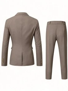 Manfinity Mode Men's Business Casual Khaki 2 Pieces Suit Set, Autumn Solid Color Jacket And Pants, Fashion Wedding Prom Suit For Daily Wear, Gift For Husband - Brown - View 2