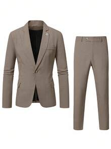 Manfinity Mode Men's Business Casual Khaki 2 Pieces Suit Set, Autumn Solid Color Jacket And Pants, Fashion Wedding Prom Suit For Daily Wear, Gift For Husband - Brown - View 4
