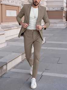 Manfinity Mode Men's Business Casual Khaki 2 Pieces Suit Set, Autumn Solid Color Jacket And Pants, Fashion Wedding Prom Suit For Daily Wear, Gift For Husband - Brown - View 3