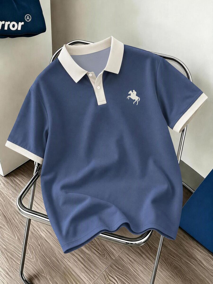 Daypath Men's Knight Pattern Colorblock Casual Daily Short Sleeve Polo Shirt - Dusty Blue - View 1