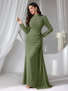 Coutiva Green Women's Mandarin Collar Long Evening Gown With Faux Pearl Decor, Stand Collar Ruffle Hem Fall - Army Green - View 2