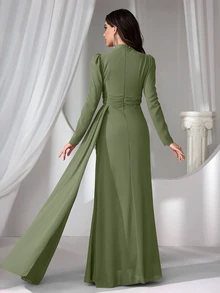 Coutiva Green Women's Mandarin Collar Long Evening Gown With Faux Pearl Decor, Stand Collar Ruffle Hem Fall - Army Green - View 3