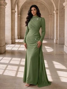 Coutiva Green Women's Mandarin Collar Long Evening Gown With Faux Pearl Decor, Stand Collar Ruffle Hem Fall - Army Green - View 1