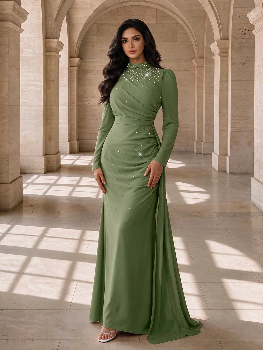 Coutiva Green Women's Mandarin Collar Long Evening Gown With Faux Pearl Decor, Stand Collar Ruffle Hem Fall - Army Green - View 1