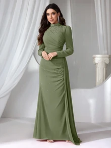 Coutiva Green Women's Mandarin Collar Long Evening Gown With Faux Pearl Decor, Stand Collar Ruffle Hem Fall - Army Green - View 4