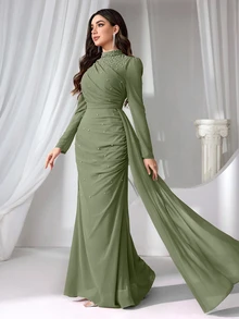 Coutiva Green Women's Mandarin Collar Long Evening Gown With Faux Pearl Decor, Stand Collar Ruffle Hem Fall - Army Green - View 6