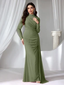 Coutiva Green Women's Mandarin Collar Long Evening Gown With Faux Pearl Decor, Stand Collar Ruffle Hem Fall - Army Green - View 8