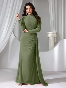 Coutiva Green Women's Mandarin Collar Long Evening Gown With Faux Pearl Decor, Stand Collar Ruffle Hem Fall - Army Green - View 7