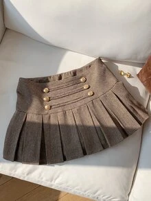 Comfortcana Ladies' Coffee Brown Checkered Napoleon Midi Skirt, Double Row Metal Buckle Pleated Skirt Brunch School Fall Vintage Preppy - Brown - View 6