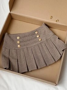 Comfortcana Ladies' Coffee Brown Checkered Napoleon Midi Skirt, Double Row Metal Buckle Pleated Skirt Brunch School Fall Vintage Preppy - Brown - View 7