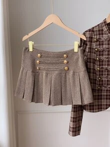 Comfortcana Ladies' Coffee Brown Checkered Napoleon Midi Skirt, Double Row Metal Buckle Pleated Skirt Brunch School Fall Vintage Preppy - Brown - View 5