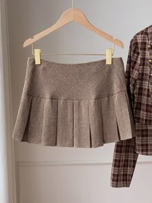 Comfortcana Ladies' Coffee Brown Checkered Napoleon Midi Skirt, Double Row Metal Buckle Pleated Skirt Brunch School Fall Vintage Preppy - Brown - View 2