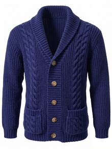 SHEIN Kids Tween Boy Casual Sports College Style Deep Blue Sweater Jacket, With Cable Knit Decorative Pattern, Suitable For Back To School, Birthday Party, Evening Event, Performance, Opening Ceremony And Other Daily Wear, Applicable For Autumn/Winter Season - Royal Blue - View 5