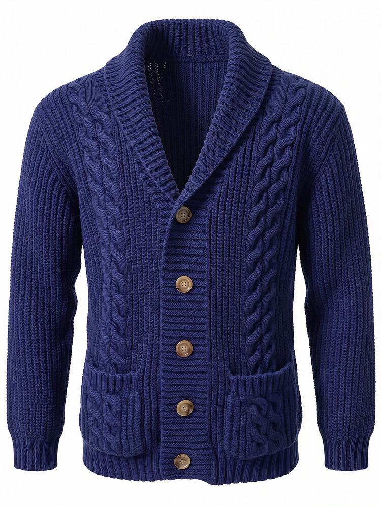 SHEIN Kids Tween Boy Casual Sports College Style Deep Blue Sweater Jacket, With Cable Knit Decorative Pattern, Suitable For Back To School, Birthday Party, Evening Event, Performance, Opening Ceremony And Other Daily Wear, Applicable For Autumn/Winter Season - Royal Blue - View 4