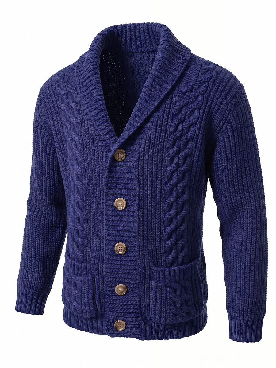 SHEIN Kids Tween Boy Casual Sports College Style Deep Blue Sweater Jacket, With Cable Knit Decorative Pattern, Suitable For Back To School, Birthday Party, Evening Event, Performance, Opening Ceremony And Other Daily Wear, Applicable For Autumn/Winter Season