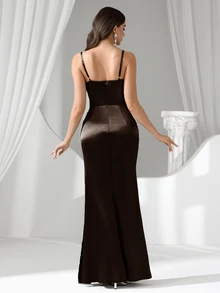 Coutiva Women's Rhinestone Embellished Sheer Black Long Evening Gown - Brown - View 3