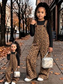 SHEIN Girls Cute White Print Ribbed Jumpsuit, Fall/ 2026 Fashion Wide Leg Overalls 7th Birthday Wedding Kindergarten Fairy Princess - Coffee Brown - View 1