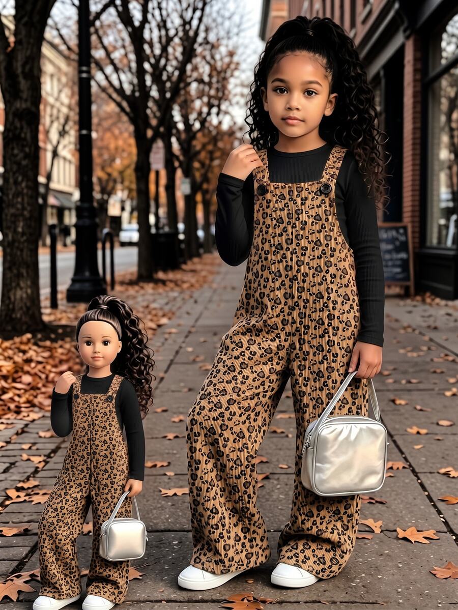 SHEIN Girls Cute White Print Ribbed Jumpsuit, Fall/ 2026 Fashion Wide Leg Overalls 7th Birthday Wedding Kindergarten Fairy Princess - Coffee Brown - View 1