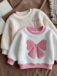 SHEIN 2件組幼女可愛甜美粉白蝴蝶結熊圖案毛茸茸長袖圓領加厚套頭衛衣與運動長褲，冬季聖誕節假期派對保暖舒適套裝 - 杏色 - 查看 7