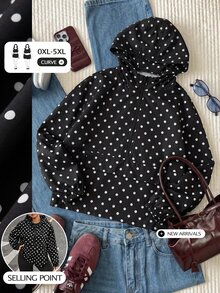 Comfortcana Plus Size Vintage Polka Dot Hooded Zip-Up Jacket Coat Fall - Black - View 9