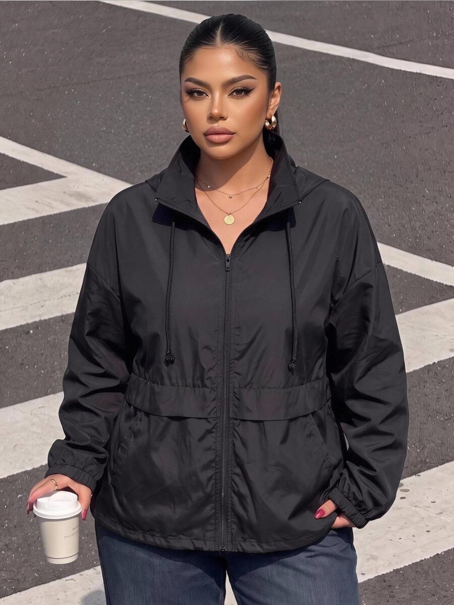 Muchica Plus Size Women Black Casual Long Sleeve Zip-Up Hooded Jacket Fall