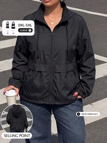 Muchica Plus Size Women Black Casual Long Sleeve Zip-Up Hooded Jacket Fall - Black - View 9