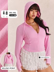 CovetEZ Pink Solid Color Full Zip Hooded Casual Plus Size Streetwear Baggy Everyday Jogging Work Homewear Travel Going Out Plus Size Jacket Fall - Hot Pink - View 9