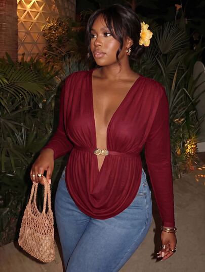 Firerie Plus Size New Comfortable Casual Elegant Cowl Neck Sexy Deep V Metal Buckle Decor Slit Draped Sleeveless Elastic Women's Top Fall