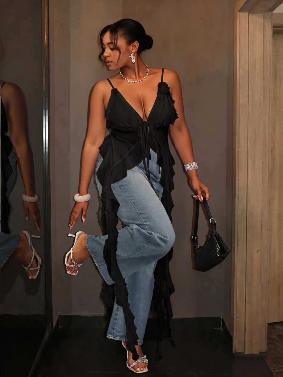 Firerie بلوزة كاميسول مثيرة بكشكشة مقاس كبير، صيفية