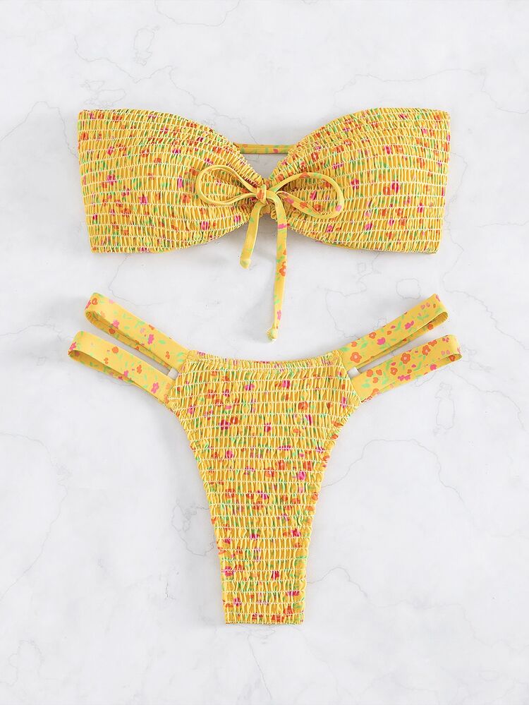 SHEIN Swim Summer Beach Ditsy Floral Smocked Bandeau Bikini Set - Yellow - View 6