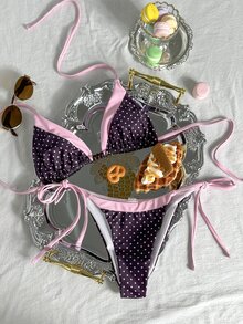 SHEIN Swim 2026 Spring/Summer Sweet & Spicy Retro Triangle Bikini, Tie-Up Sexy High-End Minimalist Separates Swimwear For Small Bust - Multicolor - View 2