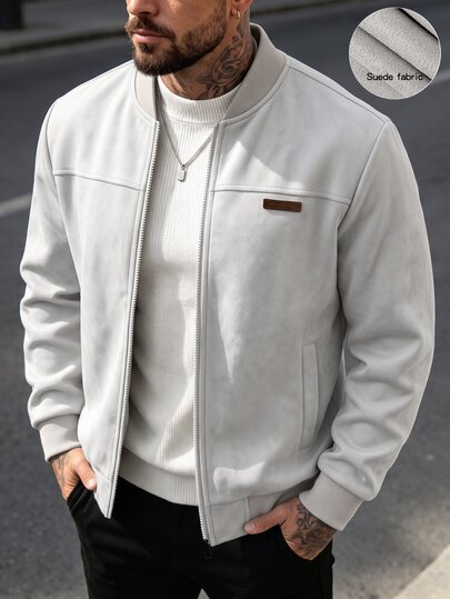 Manfinity CasualCool Men's Faux Suede Baseball Jacket, Light Gray Stand Collar Zip-Up Leather Patch Jacket, Loose Casual Versatile Ribbed Outerwear For Autumn/Winter Daily Commute