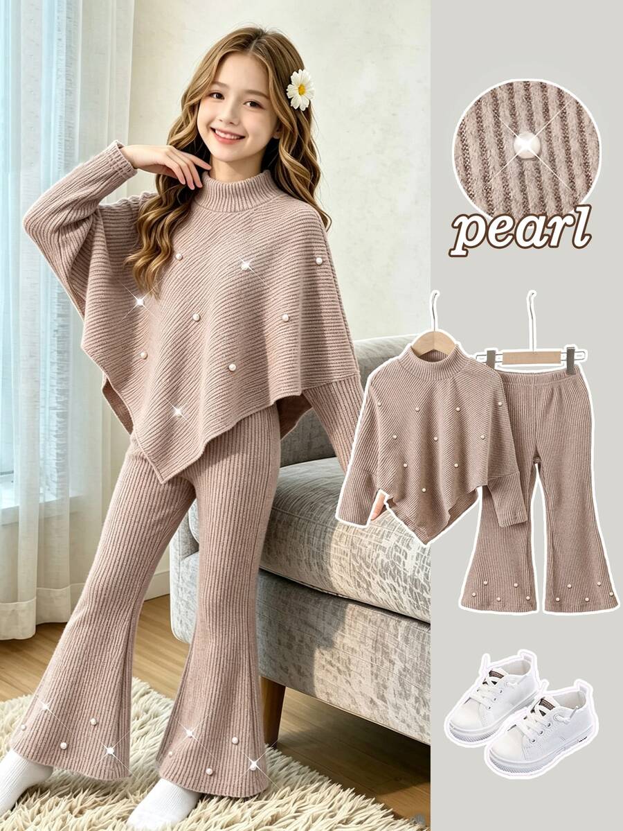 SHEIN Tween Girl' Fall Casual Cute Cool Girl T-Shirt Set, Dusty Pink Beaded Decor Design, Asymmetrical Pullover High Neck Knit Ribbed Brushed Fabric, 2 Pcs - Khaki - View 1